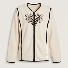 Bob Mackie XL Wearable Art Cream Fleece Zip Up Jacket Embroidered Scrollwork
