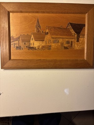 1960s Pierre Jost - Alsatian Wood Marquetry Panel Rossenwiller France 15 x 10 in