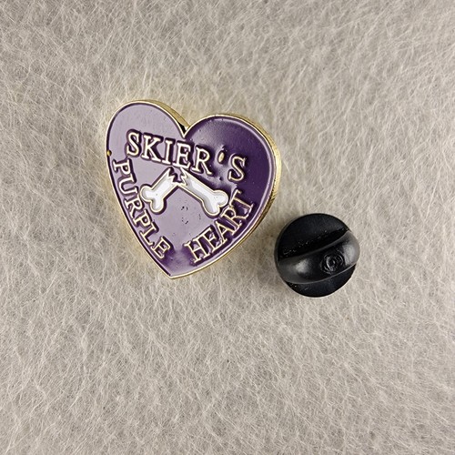 SKIER'S PURPLE HEART ENAMEL LAPEL PIN SKIING WINTER SPORTS HEART PIN
