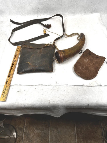 early possible hunting leather bag with powder measure and horn primitive
