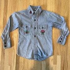 Vintage Childs Size 10 70s Embroidered Cotton Chambray Shirt Button Up Hippie