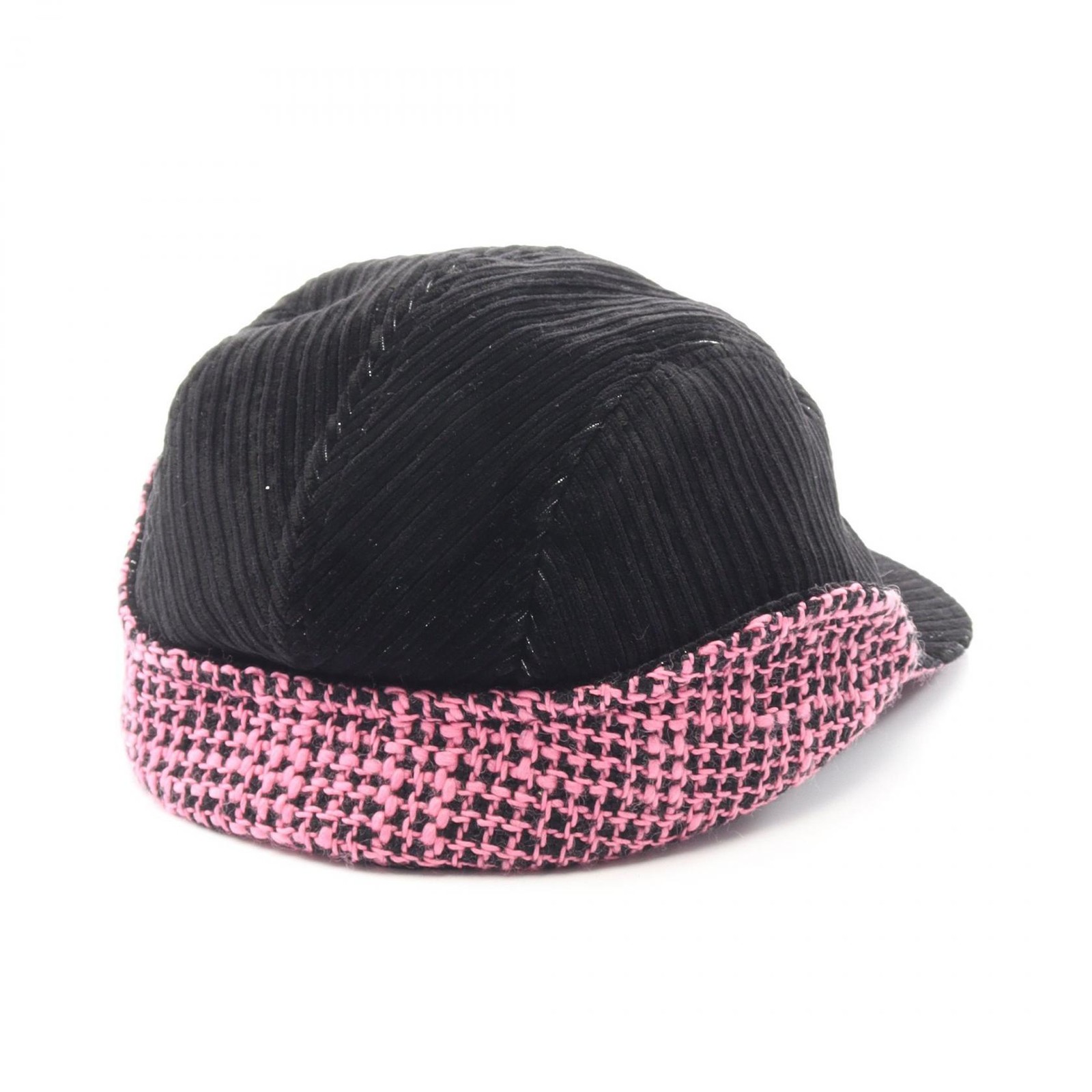 CHANEL Coco Mark Tweed Corduroy Cap Hat Rayon/Cotton Ladies Black/Pink image 2