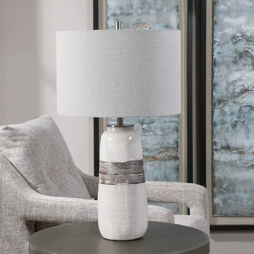 Farmhouse Table Lamp 26 1/2" High Off White Brown Ceramic Round Shade Bedroom - Picture 6 of 6