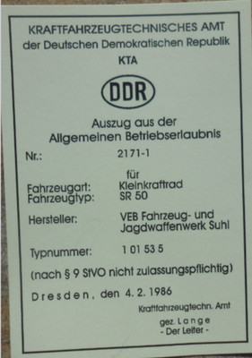 AGB für Kleinkrafträder ,SR50,Stempel, Simson, DDR, Oldtimer