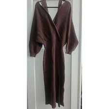 Cider Brown Ribbed Knit Surplice Wrap Midi Sweater Dress Lace Trim 0XL NEW