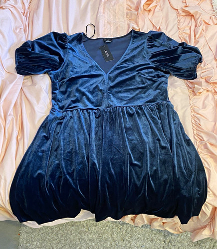 City Chic Blue Velvet V-Neck Puff Short Sleeve Mini Dress Plus Size 18 NWT