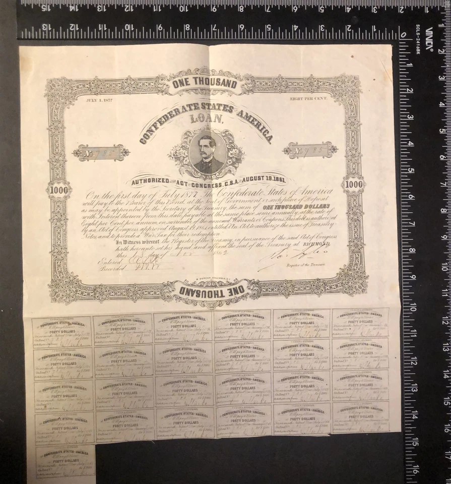 Confederate States of America Currency: Four $1000 Loan Bonds; With Coupons - Image 2 of 4