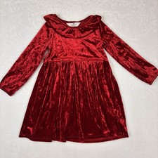 H M Crushed Velvet Dress Girls Size 5/6 Red Long Sleeve Ruffle Trim Holiday