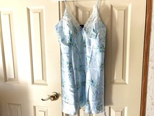Vintage Satin Blue Roses Soft Satin Nightie Babydoll Nightgown - Size L