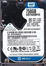WD7500BPVX-22JC3T0 HBKTJBNB sn: WX51A3 MAY 2013 750GB SATA 2.5" WESTERN DIGITAL