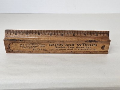 Vintage Antique Wooden Ruler Pencil Box Slide Open Ross & Woods Clearfield PA 