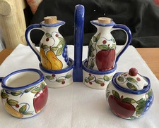 Fruit & Leaves Ceramic Oil Vinegar Cruet Set in Caddy  +Creamer & Sugar Bowl ACK