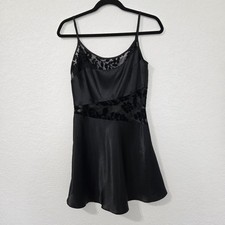 Vintage Black Satin Slip Dress S Cutout Floral Crushed Velvet Nighty