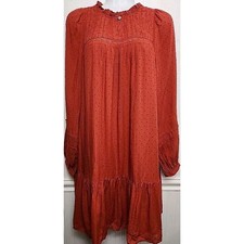 New Loft Swiss Dot Dress S Burnt Orange Swing Prairie Lace Swing Ruffle Neck L/S
