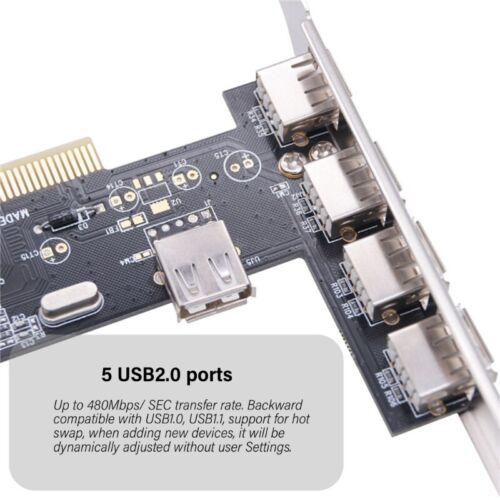 USB 2.0 PCI Card 5 Port 4 External 1 Internal PCI Expansion to USB 2.0 Adapter - Picture 2 of 8