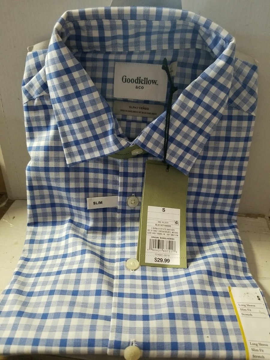 Goodfellow & Co Mens Slim Poplin Button Up Shirt Small Blue Dot Plaid |  eBay