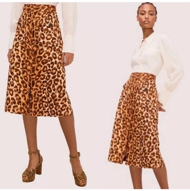 Falda midi de lona Kate Spade Panthera 6 bolsillos lino algodón estampado leopardo $228 Foto 2 de 4