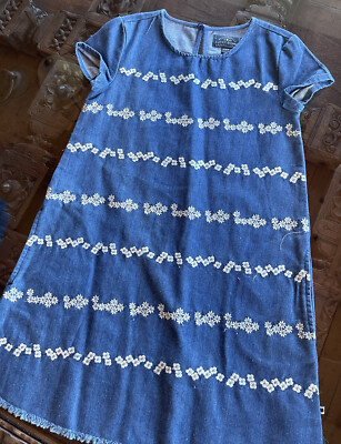 Lucky Brand Denim Dress Girls Sz LG Blue w White Embroidered Flowers Raw  Hem | eBay