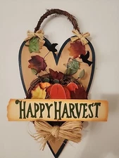 Happy Harvest Primative Black Crows Pumpkins Straw Bow Wreath Vines Wall Decor 