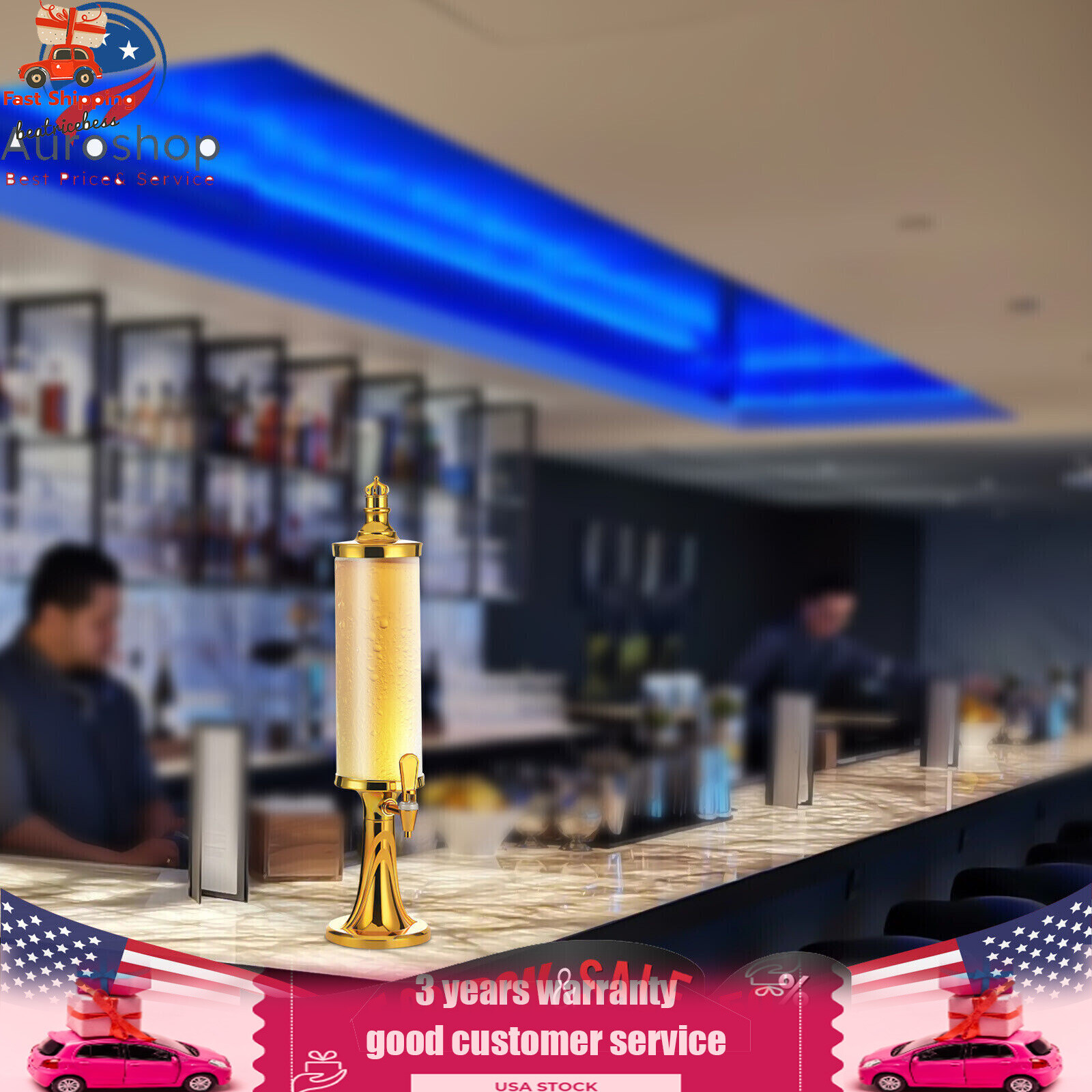 3L Beer Tower Beverage Dispenser Faucet Beverage Drink Dispenser LED Lights US