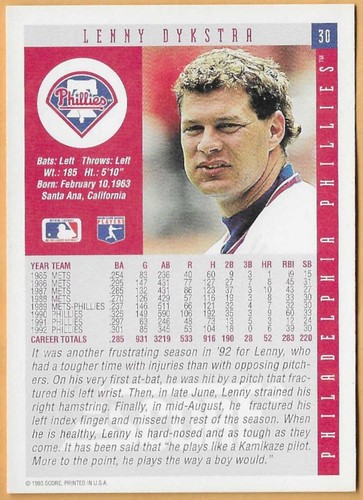 LENNY DYKSTRA PHILADELPHIA PHILLIES #30 - SCORE NM-MT 1993 - Picture 2 of 2