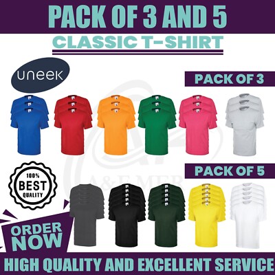 Pack 5 & 3 Uneek Classic T-Shirt Plain Casual Wear stag do hen Unisex UC301