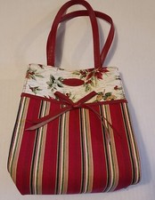 Longaberger - Small Canvas Tote Lunch Bag - Poinsettia Stripes Christmas Tote