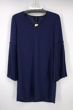TAHARI Shift Dress Womens 4 Blue Flare Pleated Long Sleeves V-Neck EUC