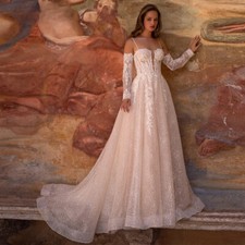 Glitter Wedding Dresses V-neck Tulle Appliques Pleat Detachable Sleeves Gowns