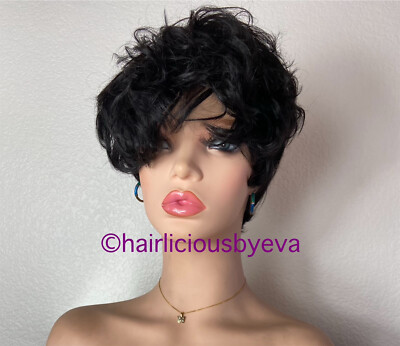 Human hair wig black curly wavy bangs short