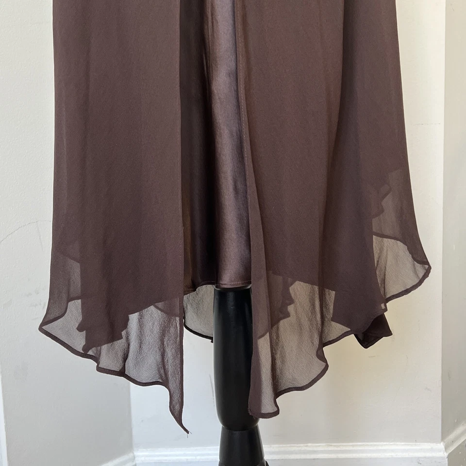 VNTG Donna Ricco Brown Silk Halter dress Sz 10 Rhinestone Asymmetric Y2k Sheer - Image 4 of 4