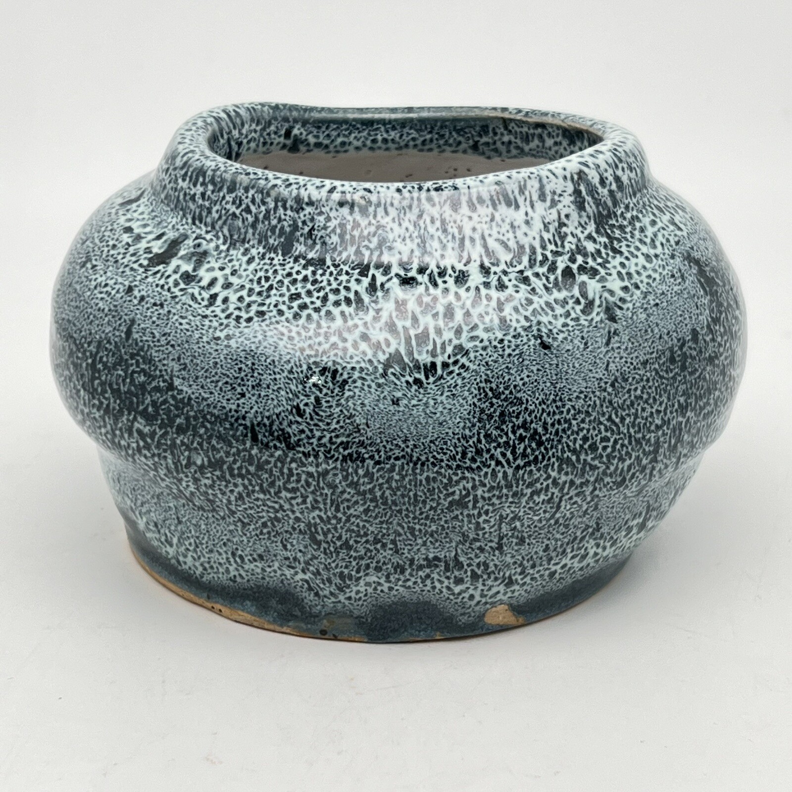 Studio Art Pottery Bud Vase Jar Bowl By CM Stamped Blue Speckled Glaze Ceramic