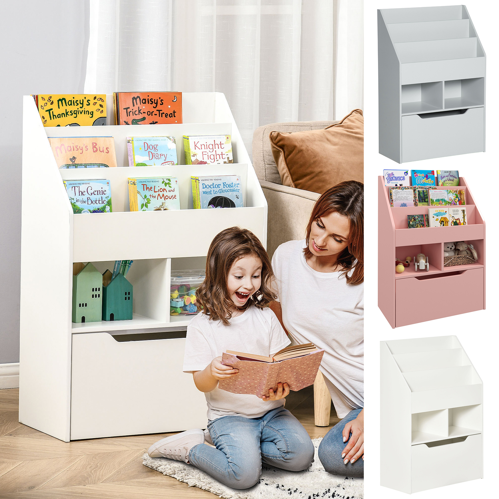 Children's Bookcase with Wheels Storage Drawer, Toy Organiser for