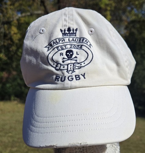 2004 Ralph Lauren Rugby Hat Skull & Crossbones Ivory Distressed Leather Strap