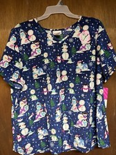 Scrub Star Womens Shirt 2XL Christmas Holiday Winter Plus Snowman Blue Top