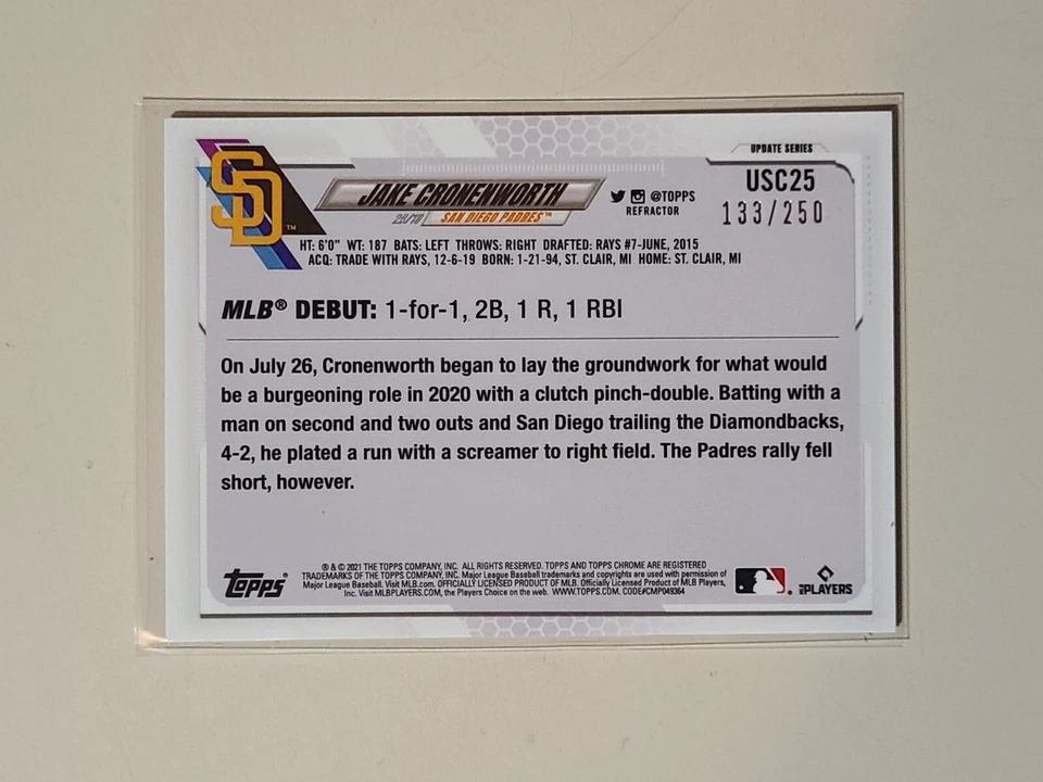 Jake Cronenworth 2021 Topps Chrome Update RC Rookie Debut Refractor #d /250 - Image 2 of 3