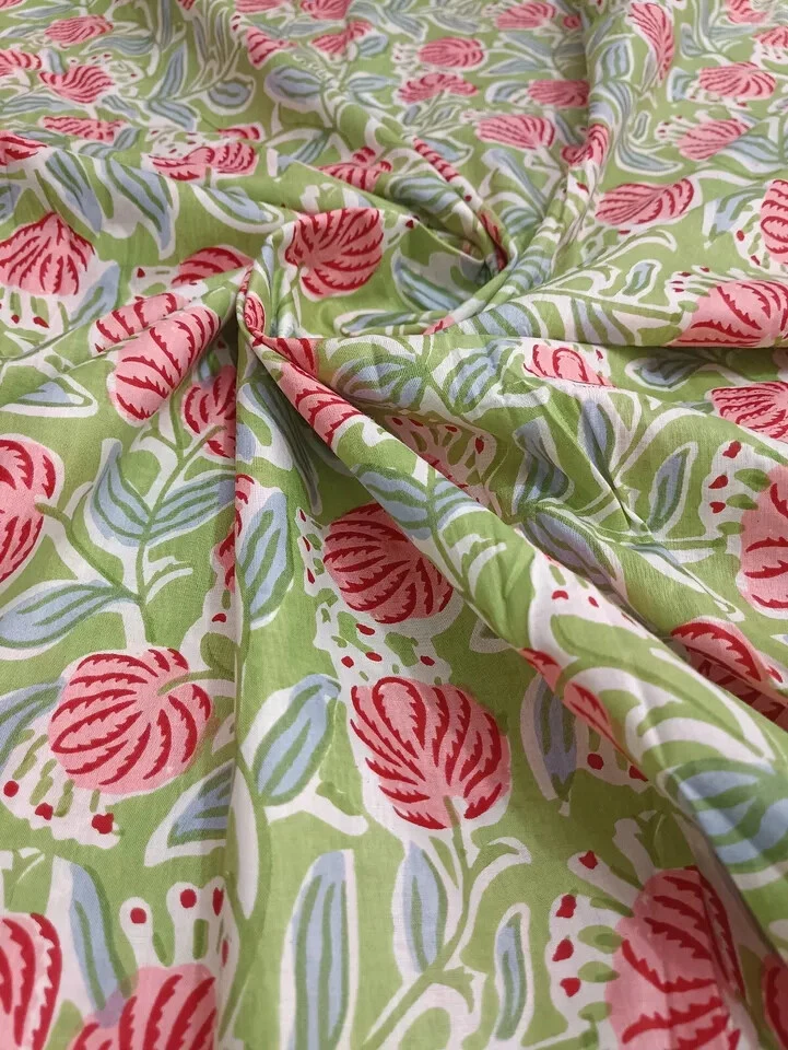 25 Yards Fabric Indian Green Floral Hand Printed Cotton Fabric Sewing Fabrics - Image 4 of 4