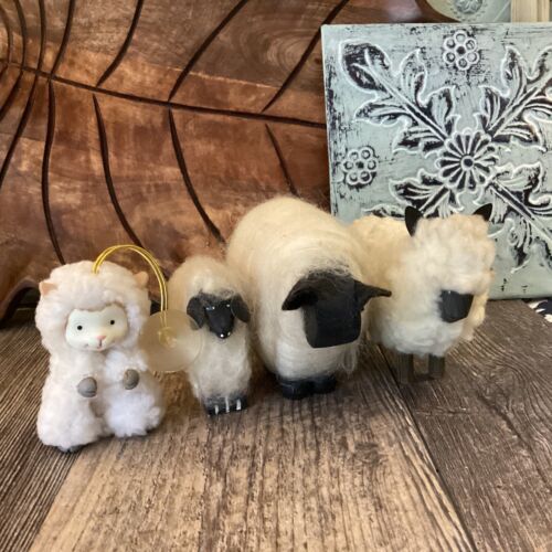 Needle Felted Wool And Fuzzy Sheep Lamb Ewe Primitive Americana Christmas Lot