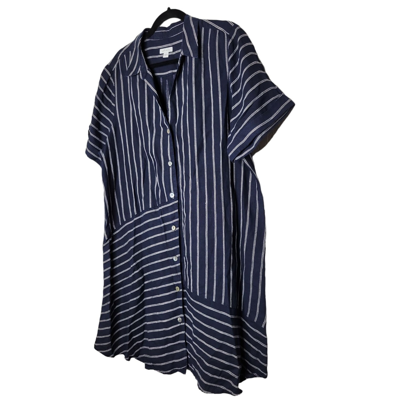 J Jill Linen Shirt Dress Womens XL Navy Blue Stripe Button Up Pockets