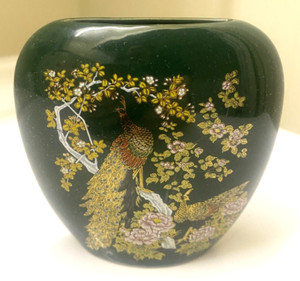 Asahi Vintage Japanese 4" Peacock Floral Green Gold Vase