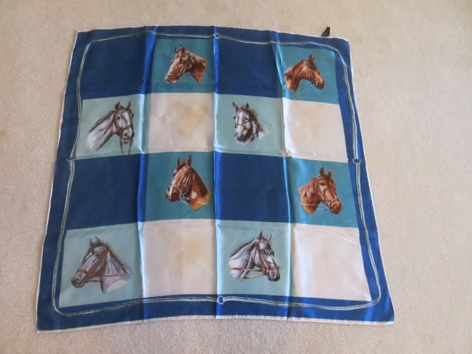 Vtg Horse Themed Scarf Blue Background “Italian Style… Gem