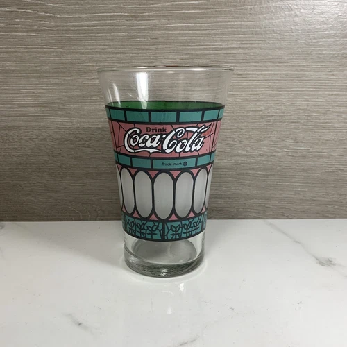 Coca Cola Glass Frosted Stained Glass Tiffany Style Green Red 5.5" Vintage