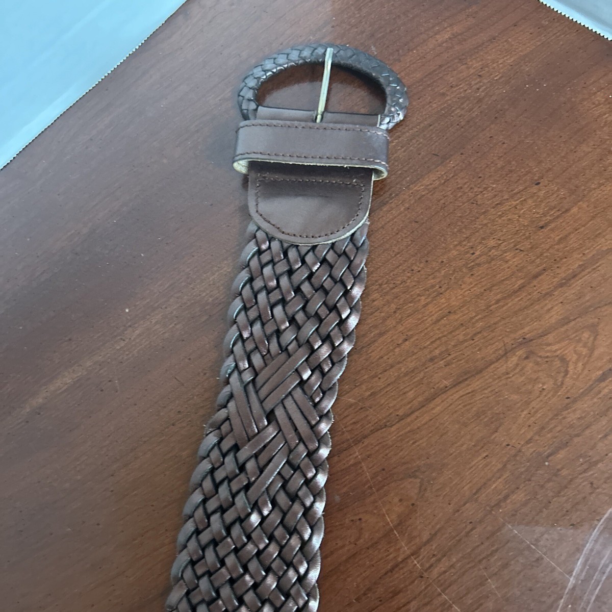 Neiman Marcus Wide Braided Brown Leather Belt Large Buckle  display picture 2