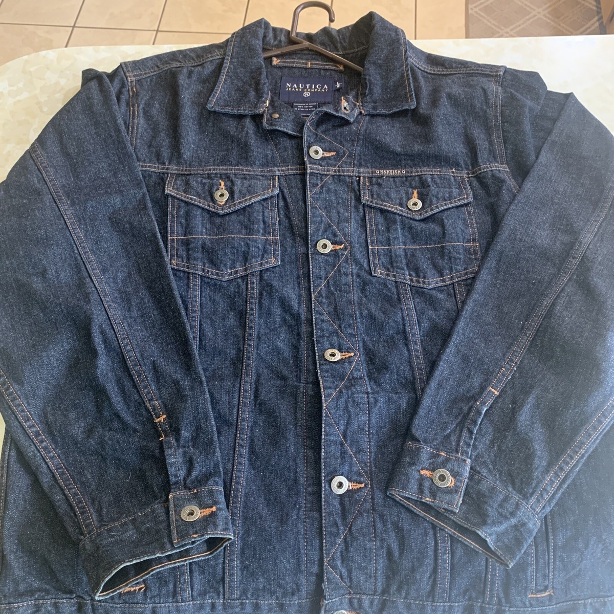 VINTAGE Nautica Dark Raw Denim Jean Trucker Jacket Mens Size Large 