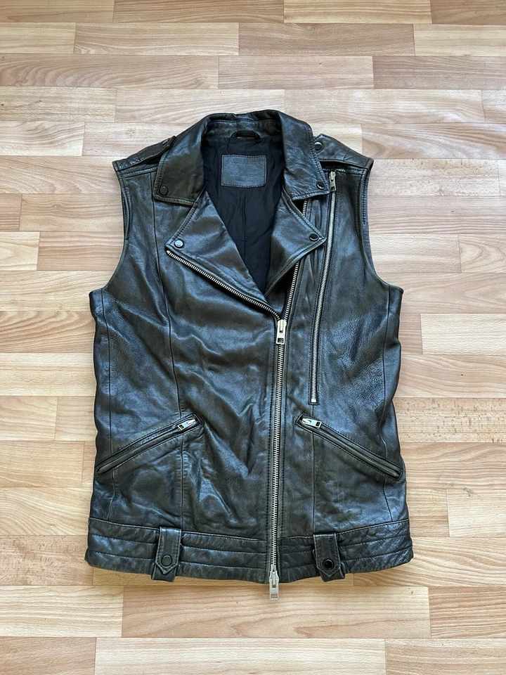 RARO ALLSAINTS EDICIÓN MOTERA CUERO NEGRO MUJER CREMALLERA CHALECO CHAQUETA UK 8 US 4 EU 36 Foto 2 de 4