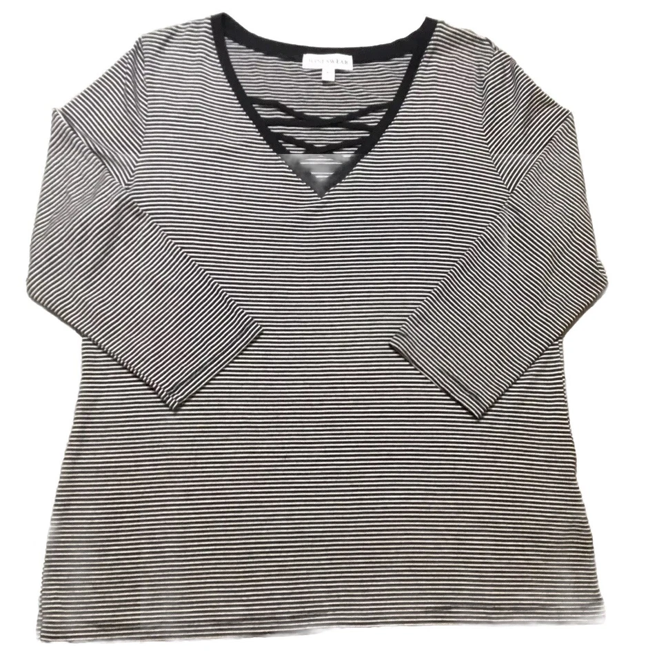 Camiseta JONESWEAR Talla XL Mujer Cuello en V Manga 3/4 Negra Rayas Hecha en EE. UU. Foto 2 de 4