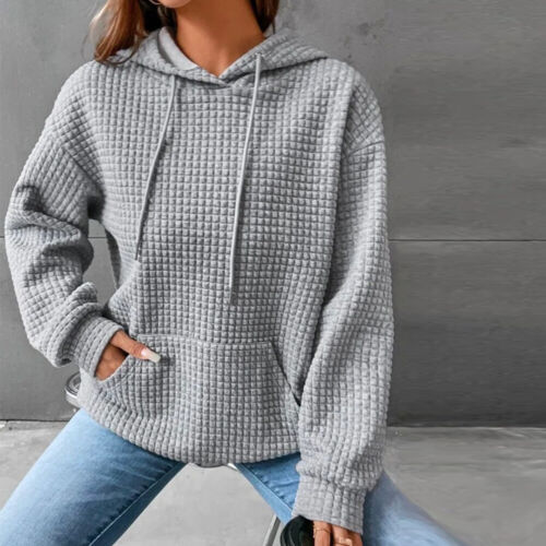 Damen Baggy Tops langarm Sweatshirt Hoodie Freizeitpullover schlicht Waffel C - Bild 14 von 30