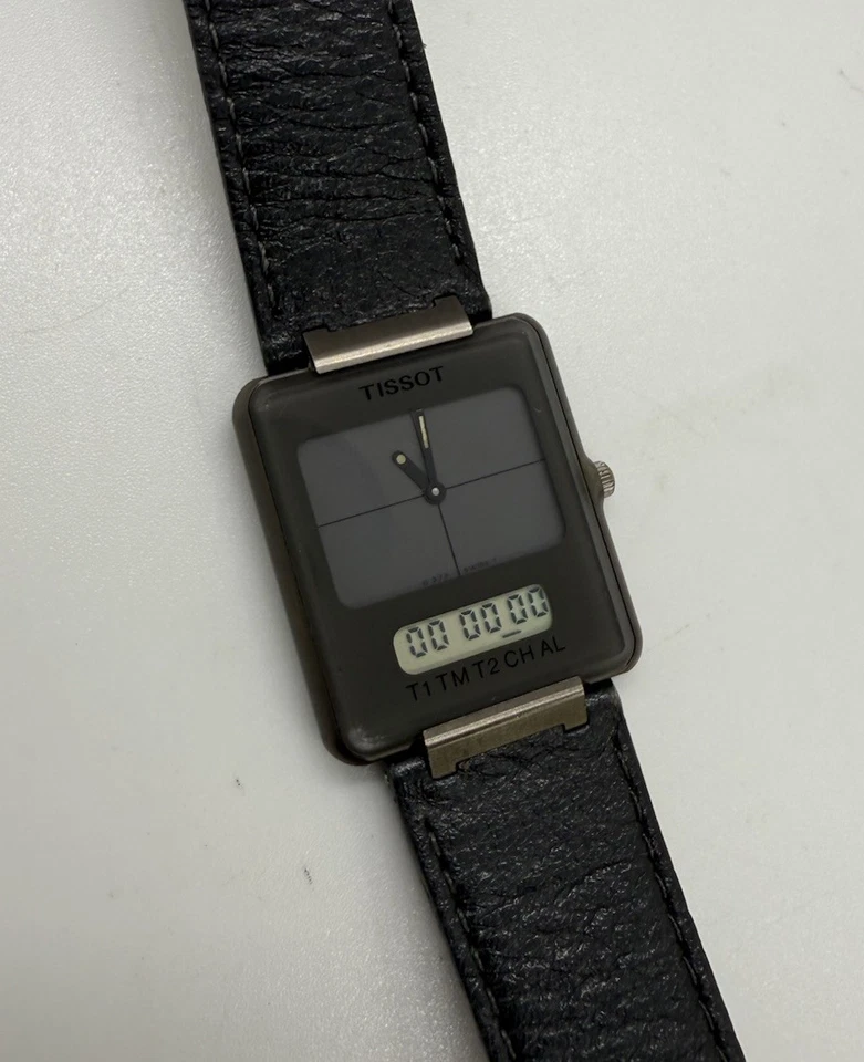 Tissot 1992 Two Timer Analog Digital Gray Watch Swiss Black Leather Band RARE X - Image 2 of 4