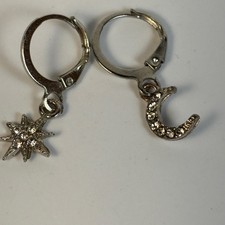 Celestial Hoop Earrings Silver Star and Crescent Moon Mismatched Rhinestone
