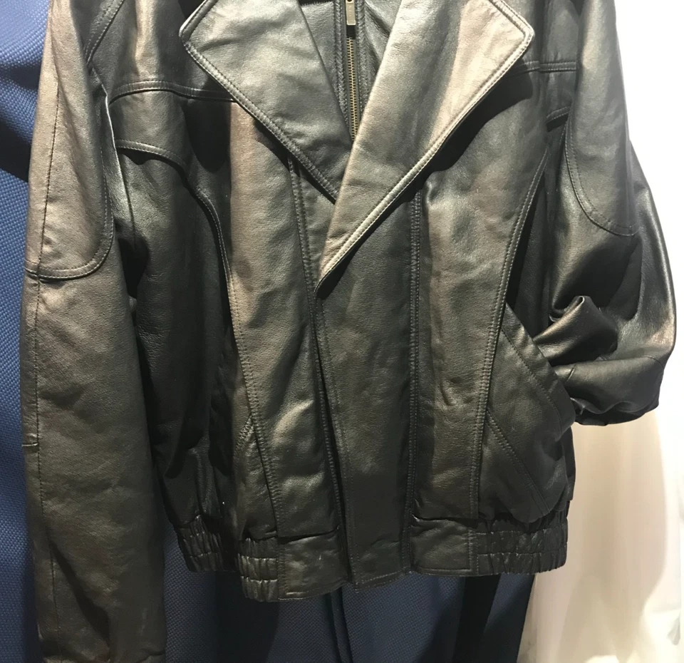 Chaqueta de cuero vintage Wilson para hombre - doble cuello forrado motero talla XLT Foto 3 de 4